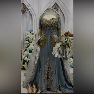 Custom Bridal Light Blue Evening Gown with Gold Fringe! Veil & Bouqet Included!